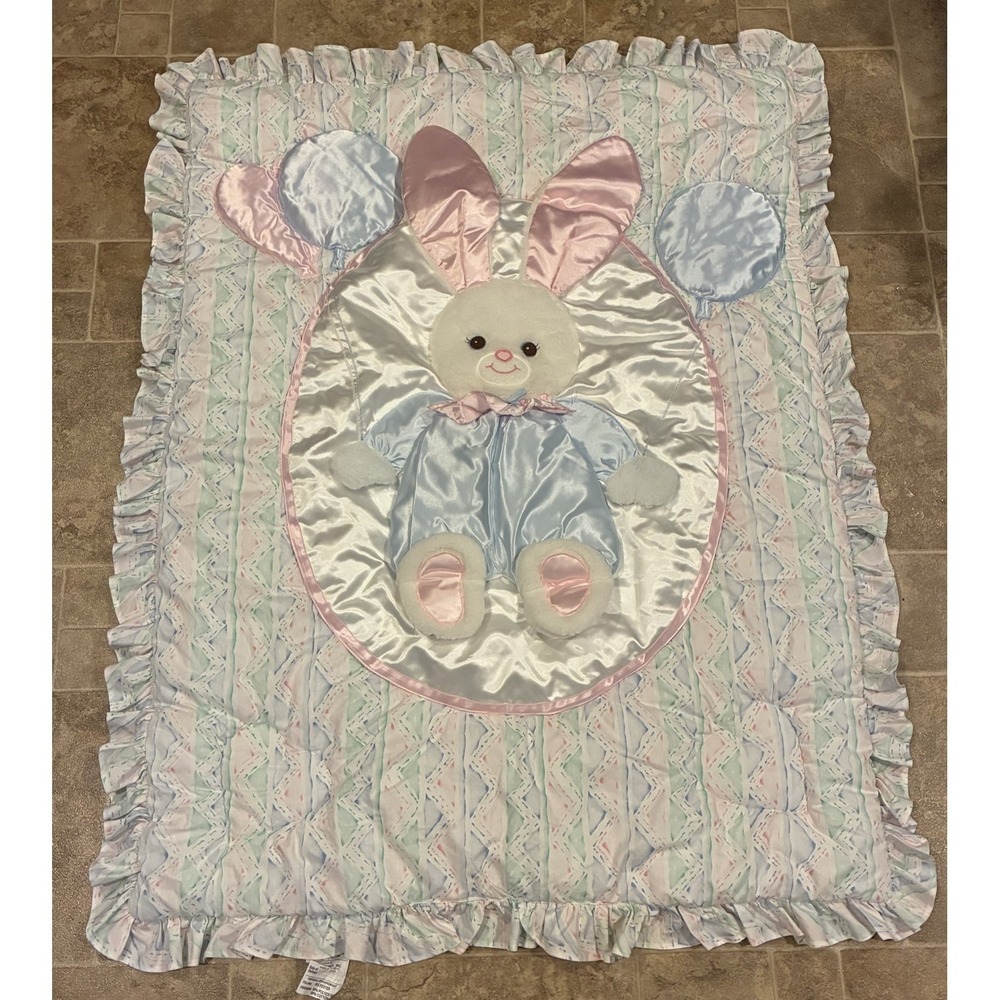 Vtg Lambs & Ivy Bunny Balloons Appliqué Hearts Crib Quilt Sheet~Blue Pink White